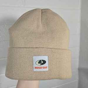 Mossy Oak Beanie Hat Mens One Size Tan Acrylic Knit Cuffed Winter Cap Utility